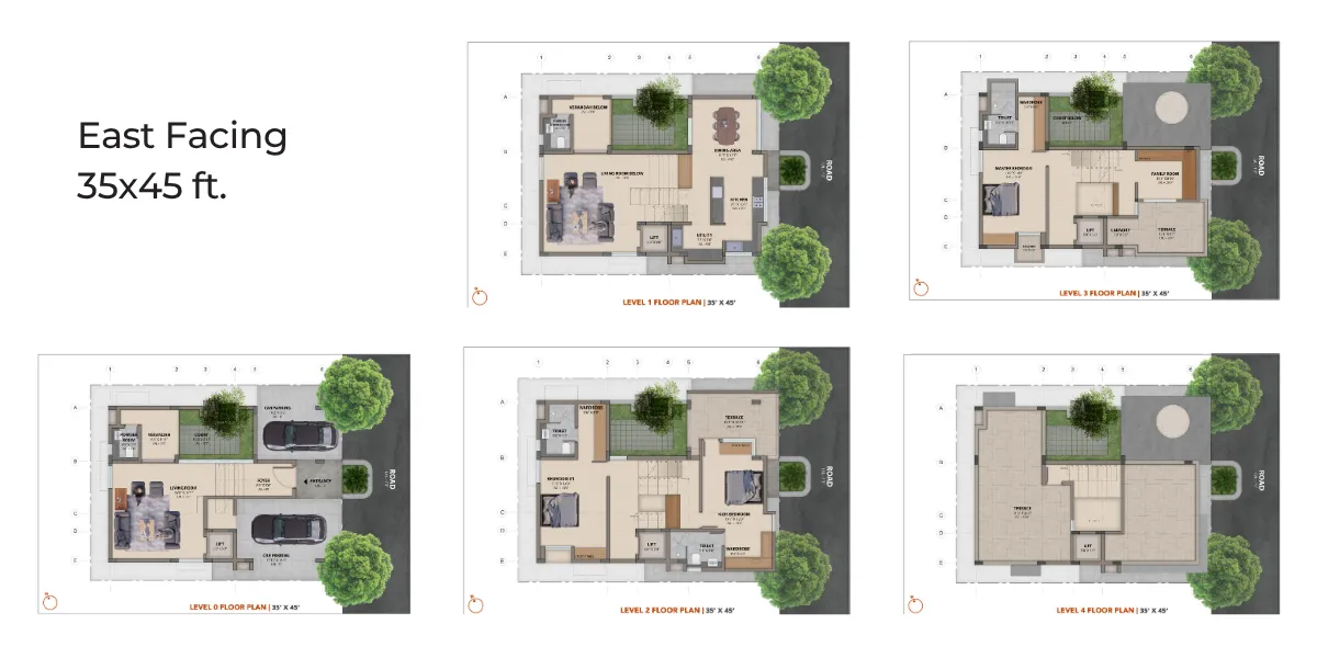 East Facing 35x45 Villa Floor Plans – All Levels
