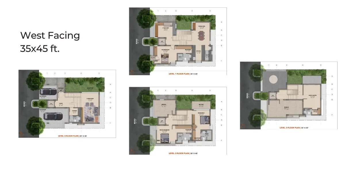 West Facing 35x45 Villa Floor Plans – All Levels